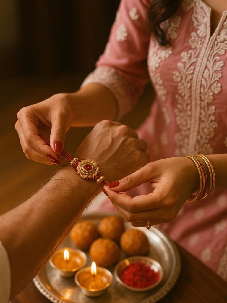 Sister tying designer gold Rakhi on brother's wrist with pooja thali and sweets during Raksha Bandhan festival