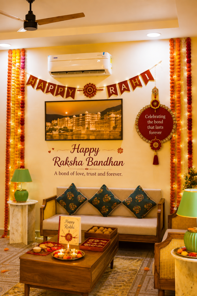 Raksha Bandhan decorated living room in Udaipur villa