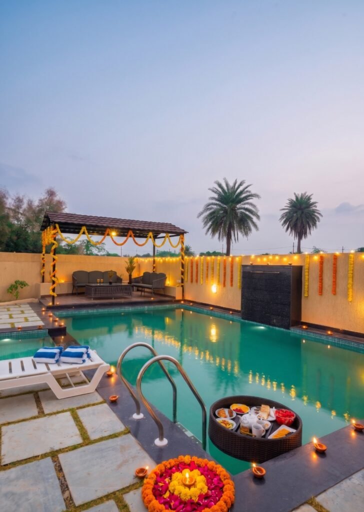 Private pool villa in Udaipur with Diwali decoration, Calista Palms Dabok