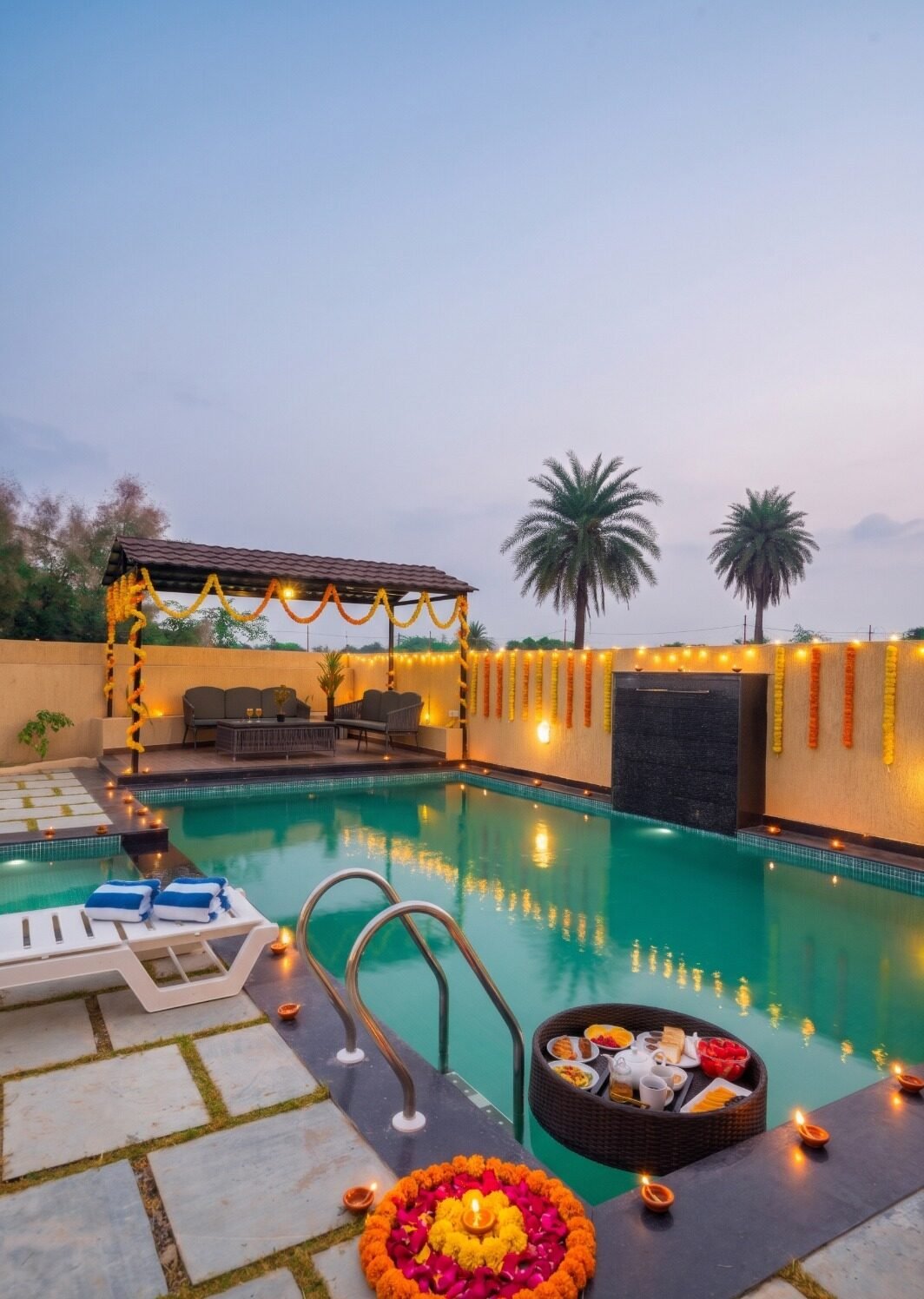 Private pool villa in Udaipur with Diwali decoration, Calista Palms Dabok