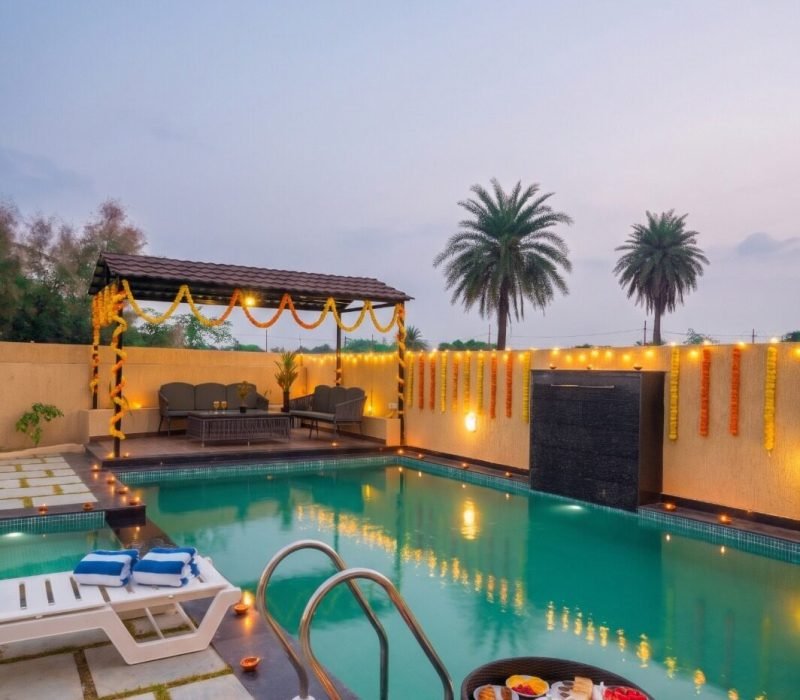 Private pool villa in Udaipur with Diwali decoration, Calista Palms Dabok
