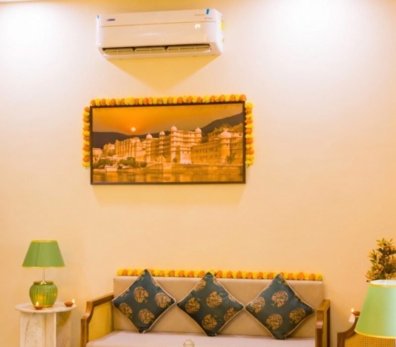 Spacious luxury living room decorated for Diwali at private pool villa in Udaipur, Calista Palms
